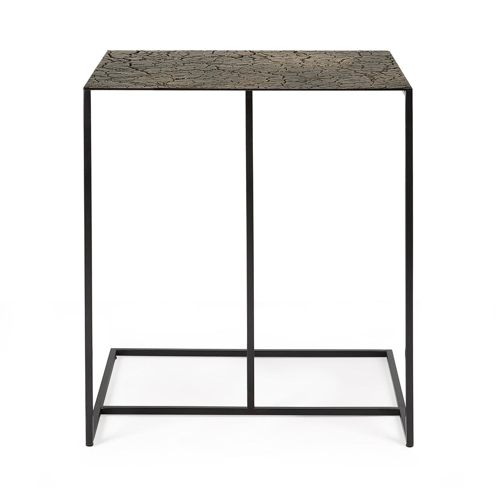Table d'appoint géométrique en pierre de lave avec piètement tripode pour salon