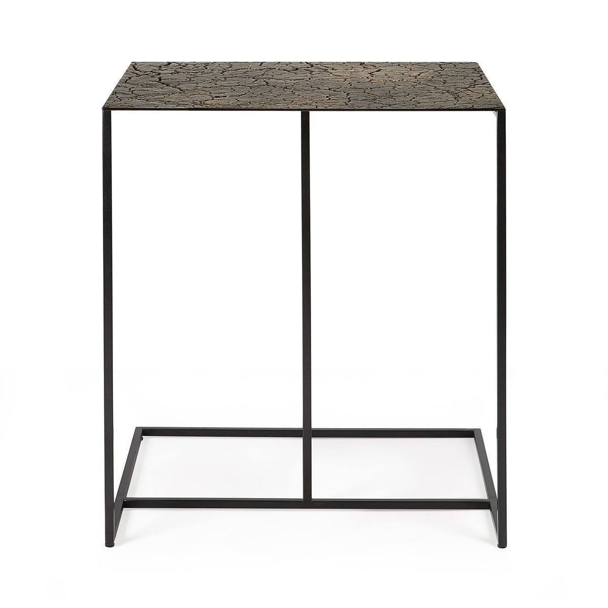 Table d'appoint géométrique en pierre de lave avec piètement tripode pour salon