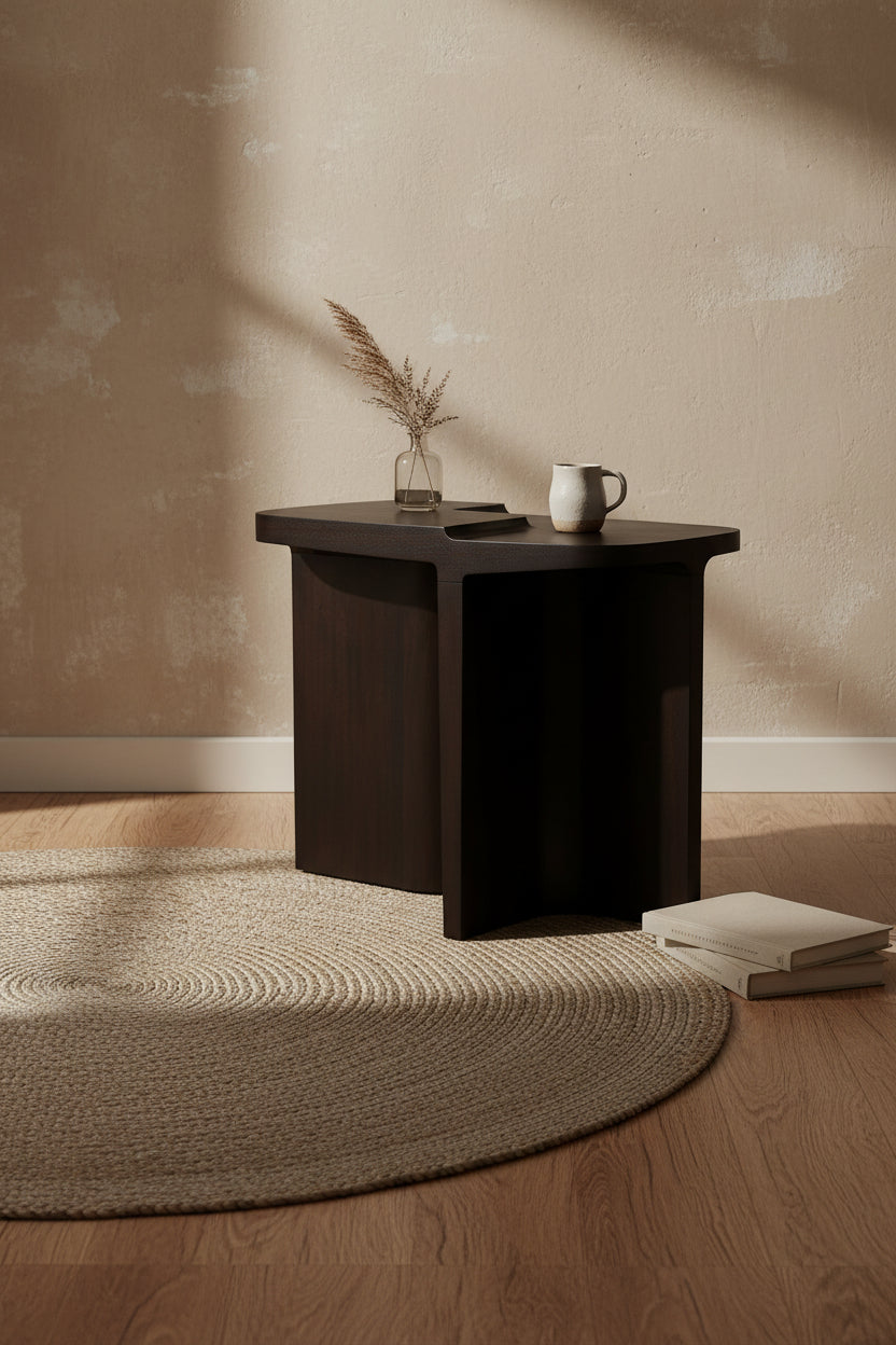Table d'appoint brutaliste en acajou massif avec ouvertures sculptées et forme architecturale pour le salon