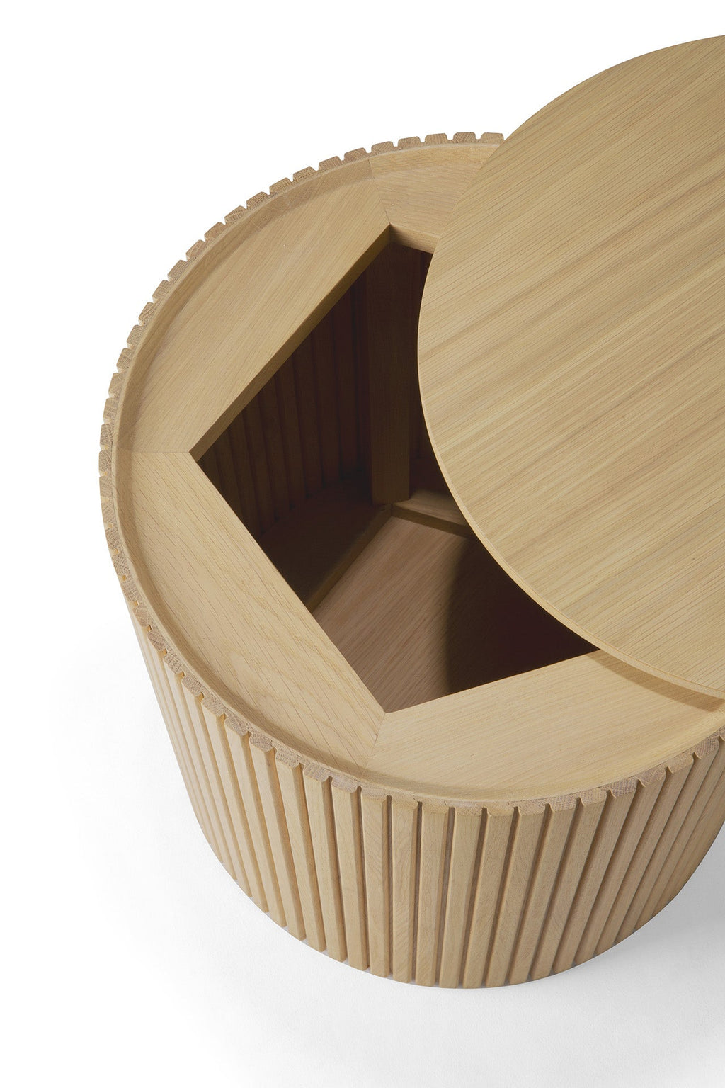 Table d'appoint ronde scandinave en chêne massif avec couvercle amovible et rangement dissimulé pour salon