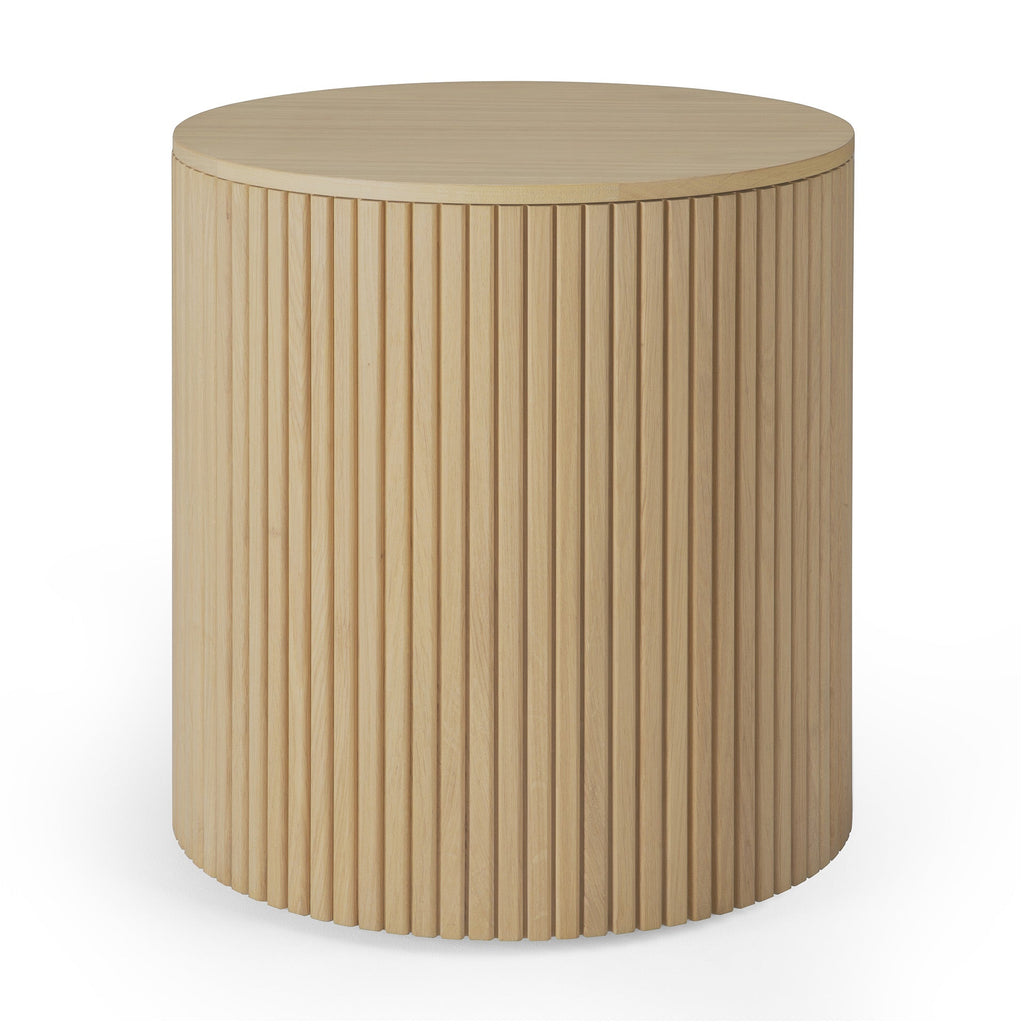 Table d'appoint ronde scandinave en chêne massif avec couvercle amovible et rangement dissimulé pour salon