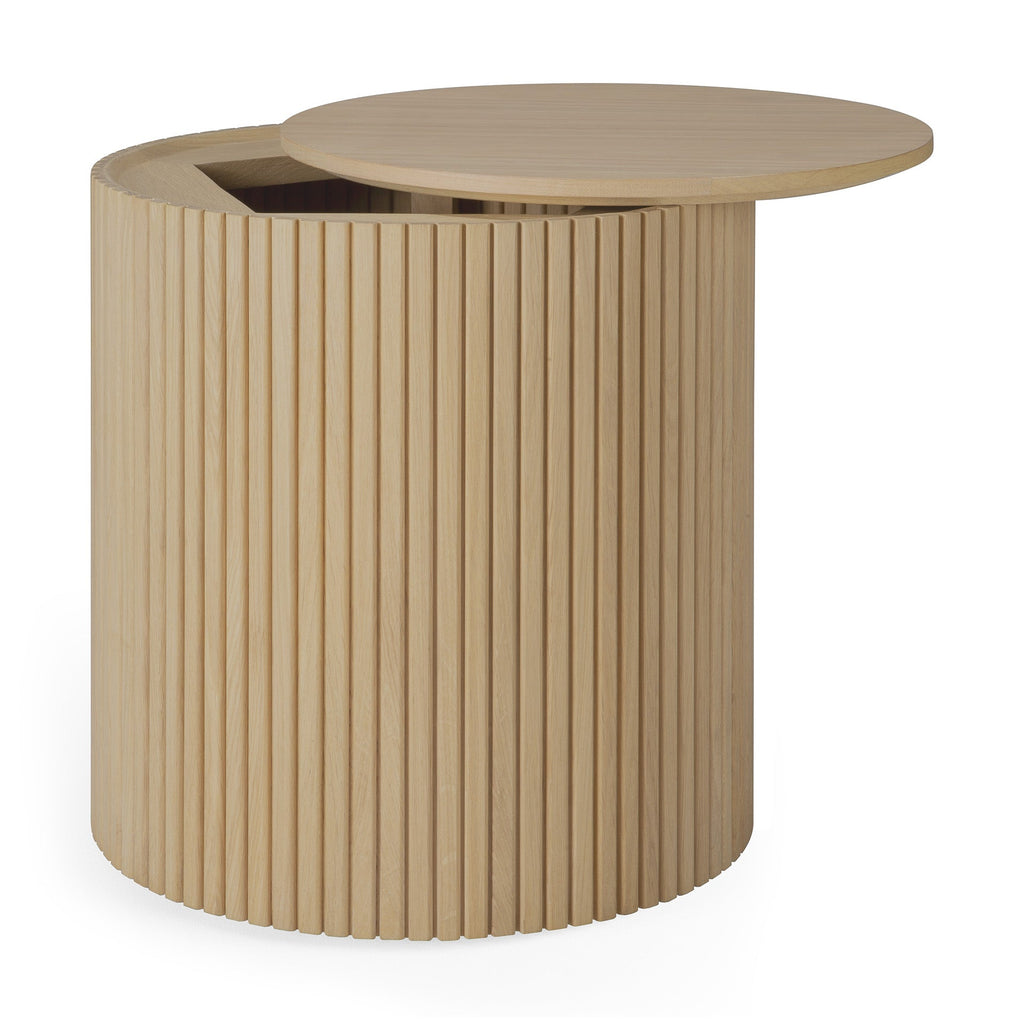 Table d'appoint ronde scandinave en chêne massif avec couvercle amovible et rangement dissimulé pour salon