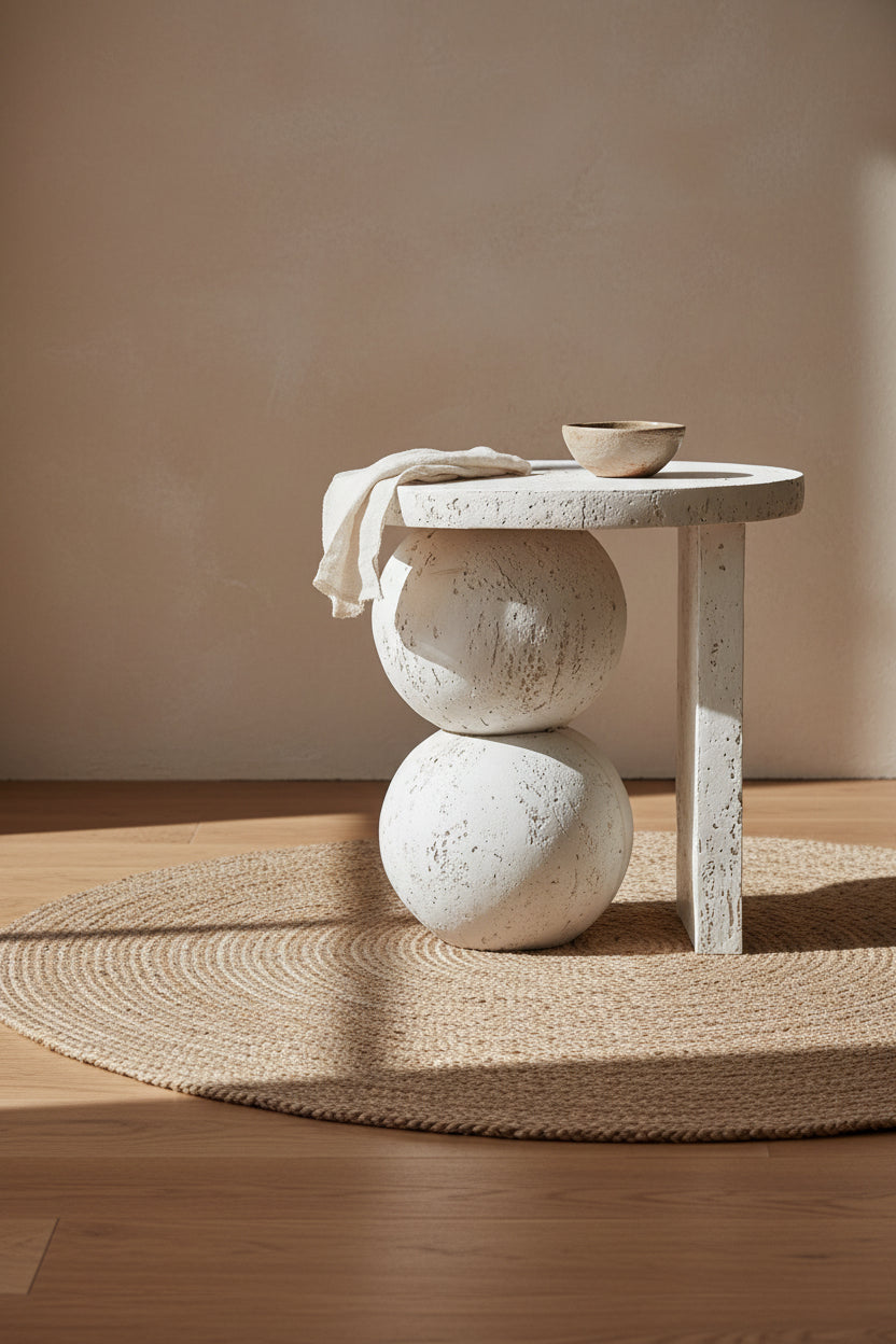 Table d'appoint sculpturale en résine finition travertin blanc avec base en sphères empilées pour salon