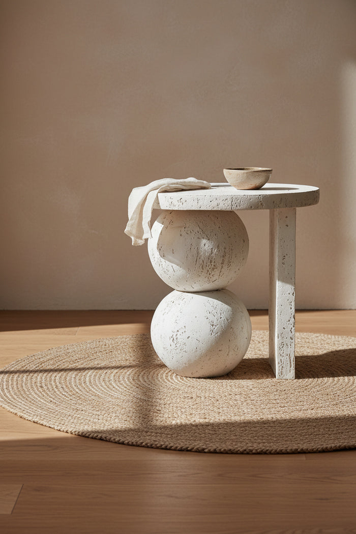 Table d'appoint sculpturale en résine finition travertin blanc avec base en sphères empilées pour salon