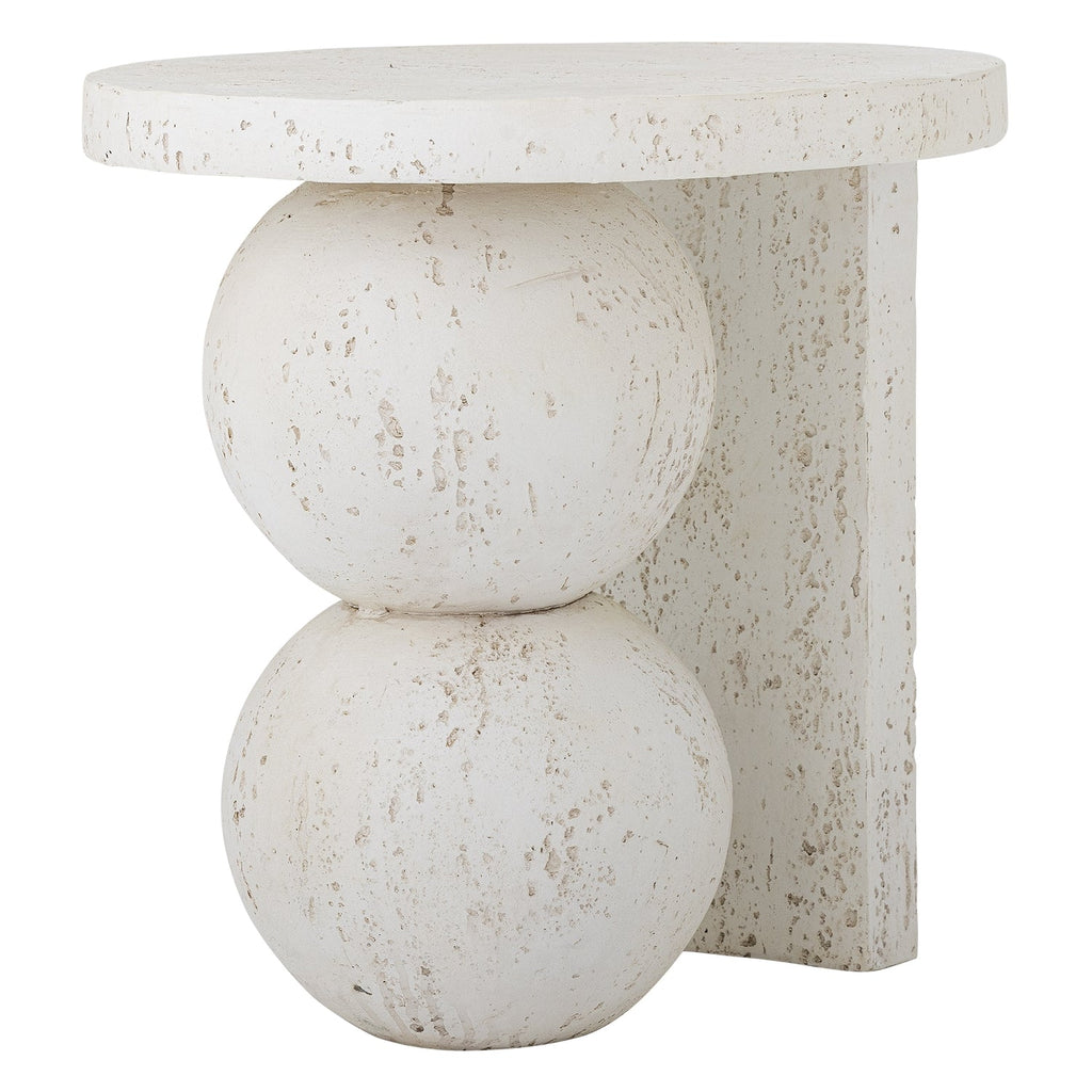 Table d'appoint sculpturale en résine finition travertin blanc avec base en sphères empilées pour salon