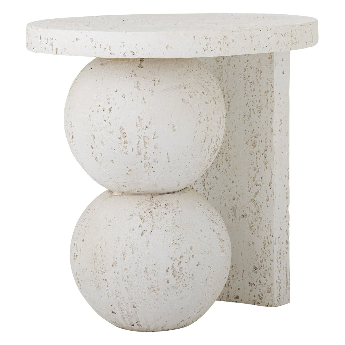 Table d'appoint sculpturale en résine finition travertin blanc avec base en sphères empilées pour salon