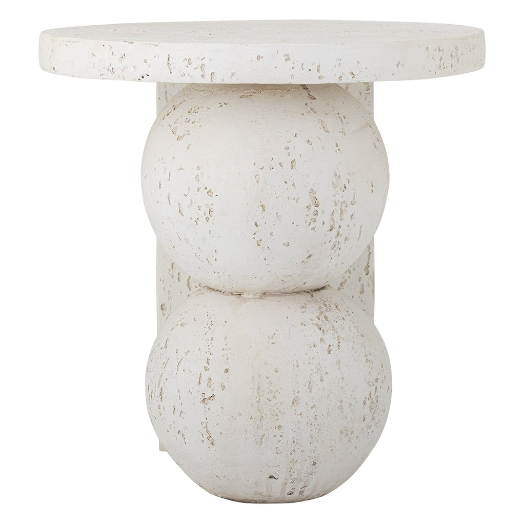 Table d'appoint sculpturale en résine finition travertin blanc avec base en sphères empilées pour salon