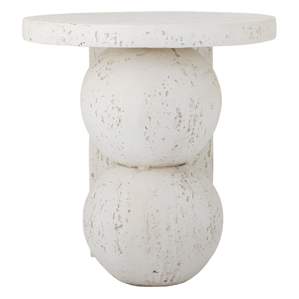 Table d'appoint sculpturale en résine finition travertin blanc avec base en sphères empilées pour salon