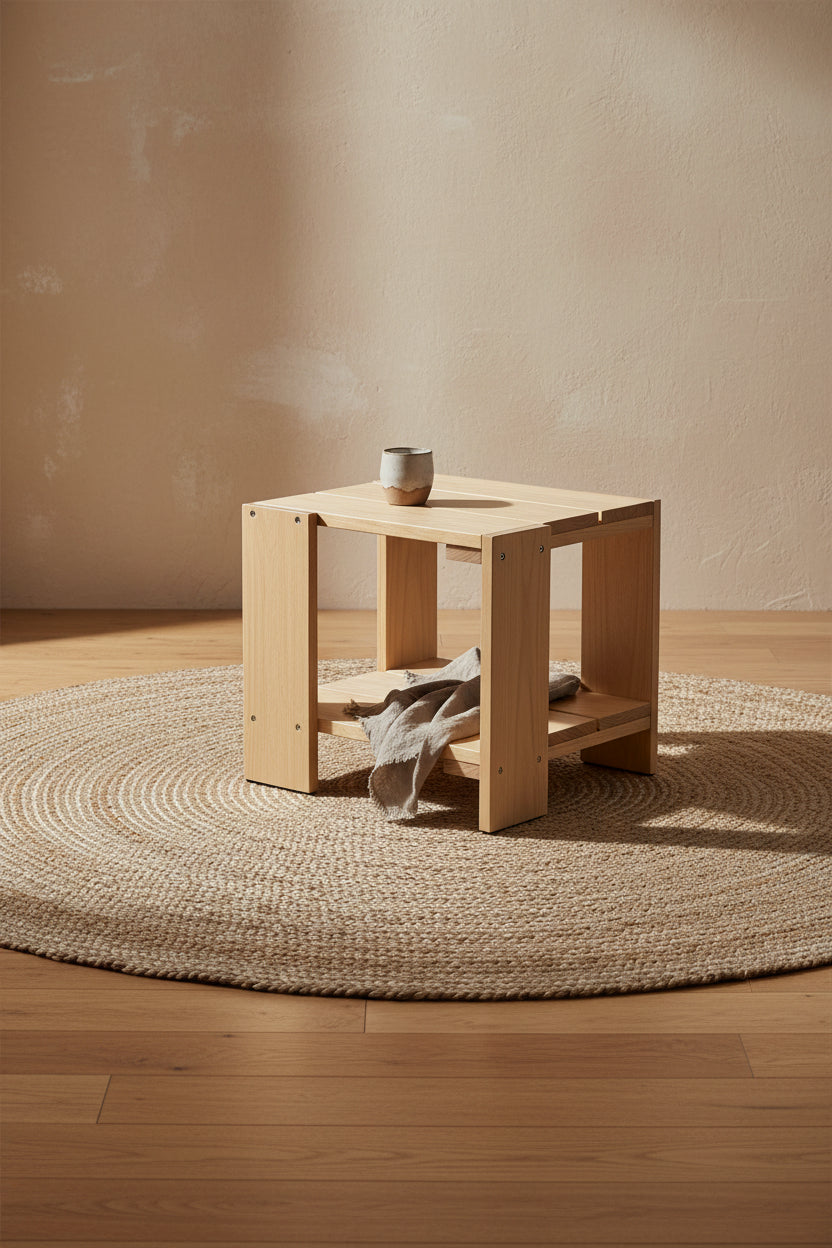 Table d'appoint scandinave en pin massif avec étagère de rangement et finition laquée pour salon ou extérieur