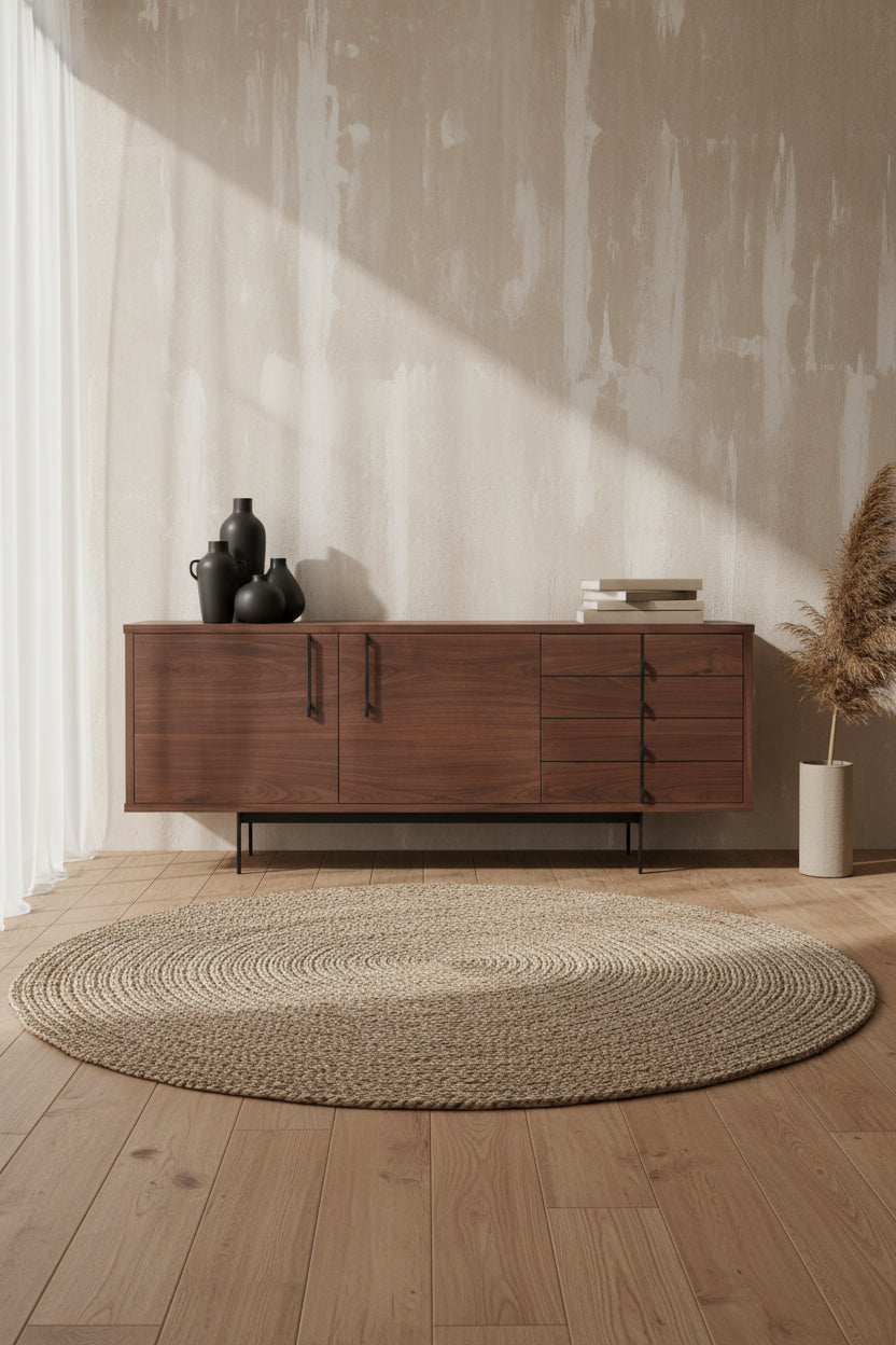 Bahut artisanal en bois massif avec base en acier et matériaux durables pour salon
