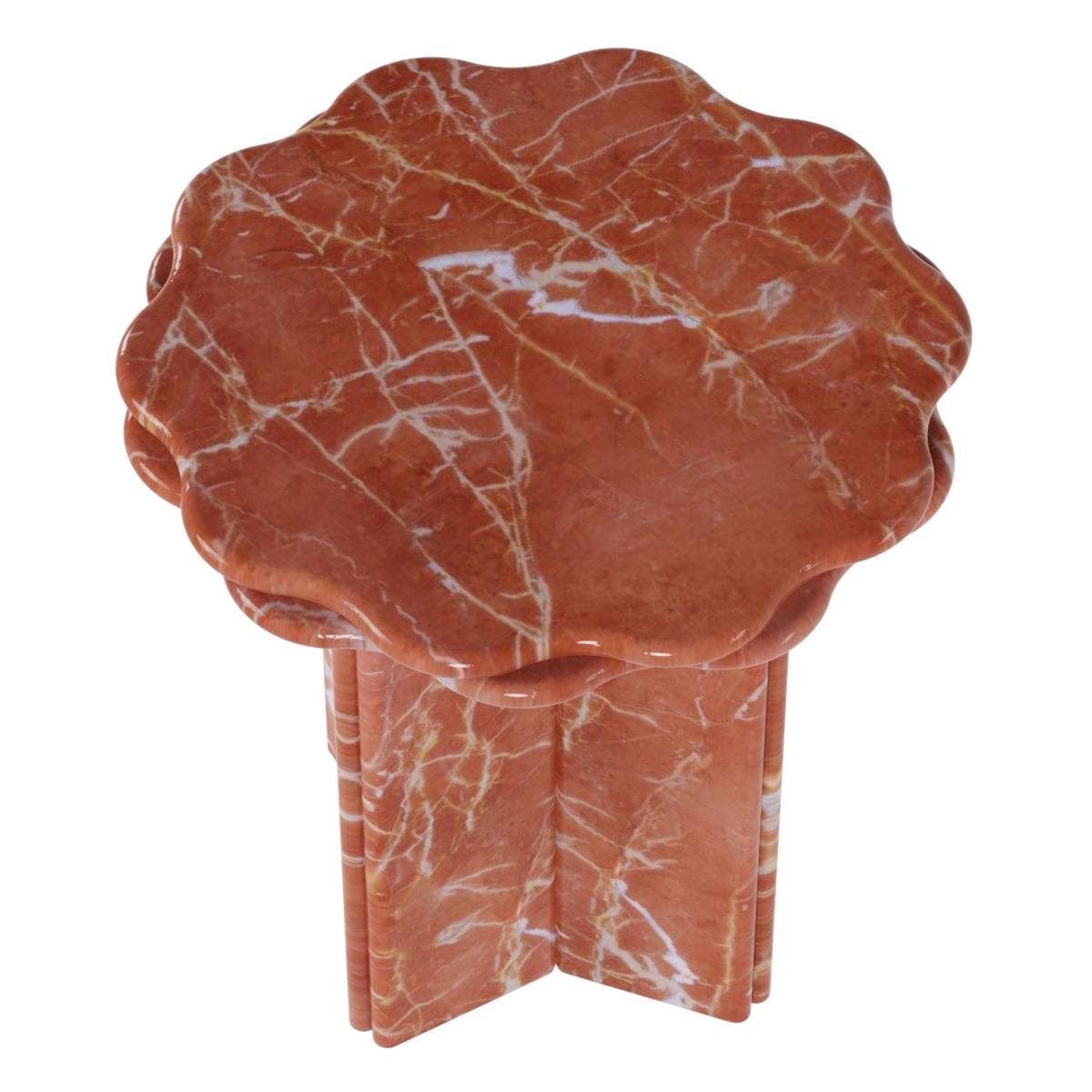 Table d'appoint sculpturale en marbre avec bord festonné et base architecturale pour salon