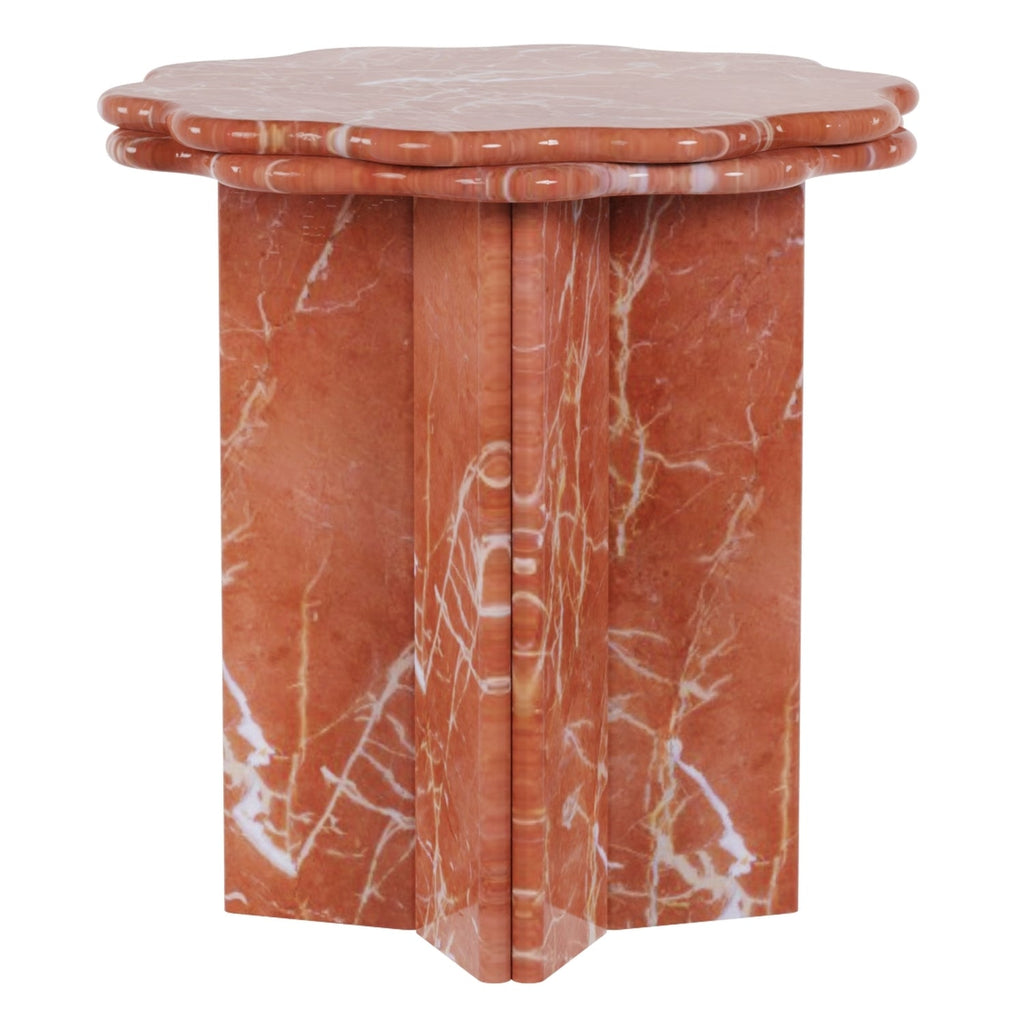 Table d'appoint sculpturale en marbre avec bord festonné et base architecturale pour salon