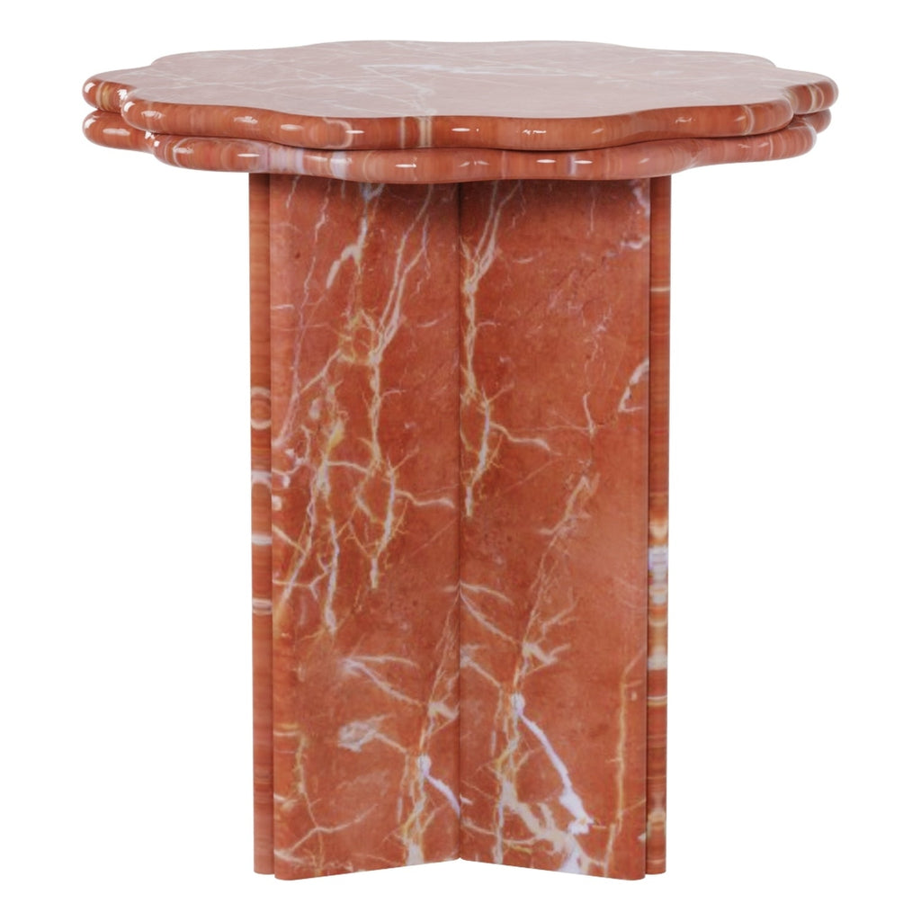 Table d'appoint sculpturale en marbre avec bord festonné et base architecturale pour salon