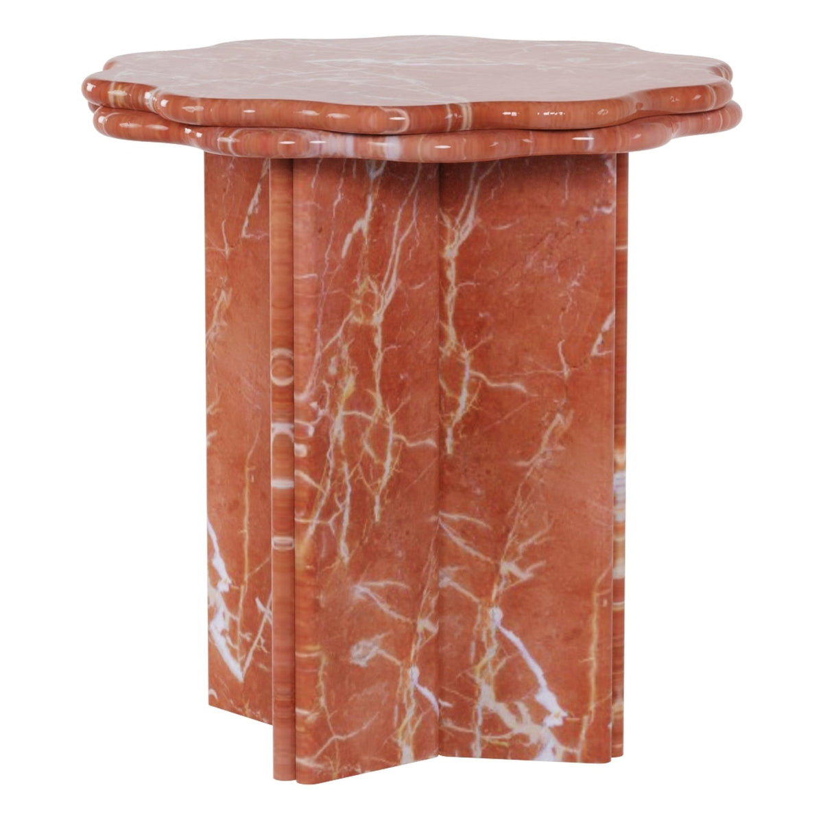 Table d'appoint sculpturale en marbre avec bord festonné et base architecturale pour salon