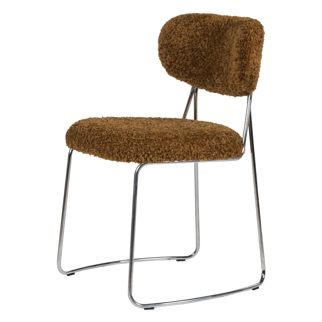 Chaise d'appoint contemporaine en bouclette avec assise arrondie et pieds en acier pour salle à manger ou bureau