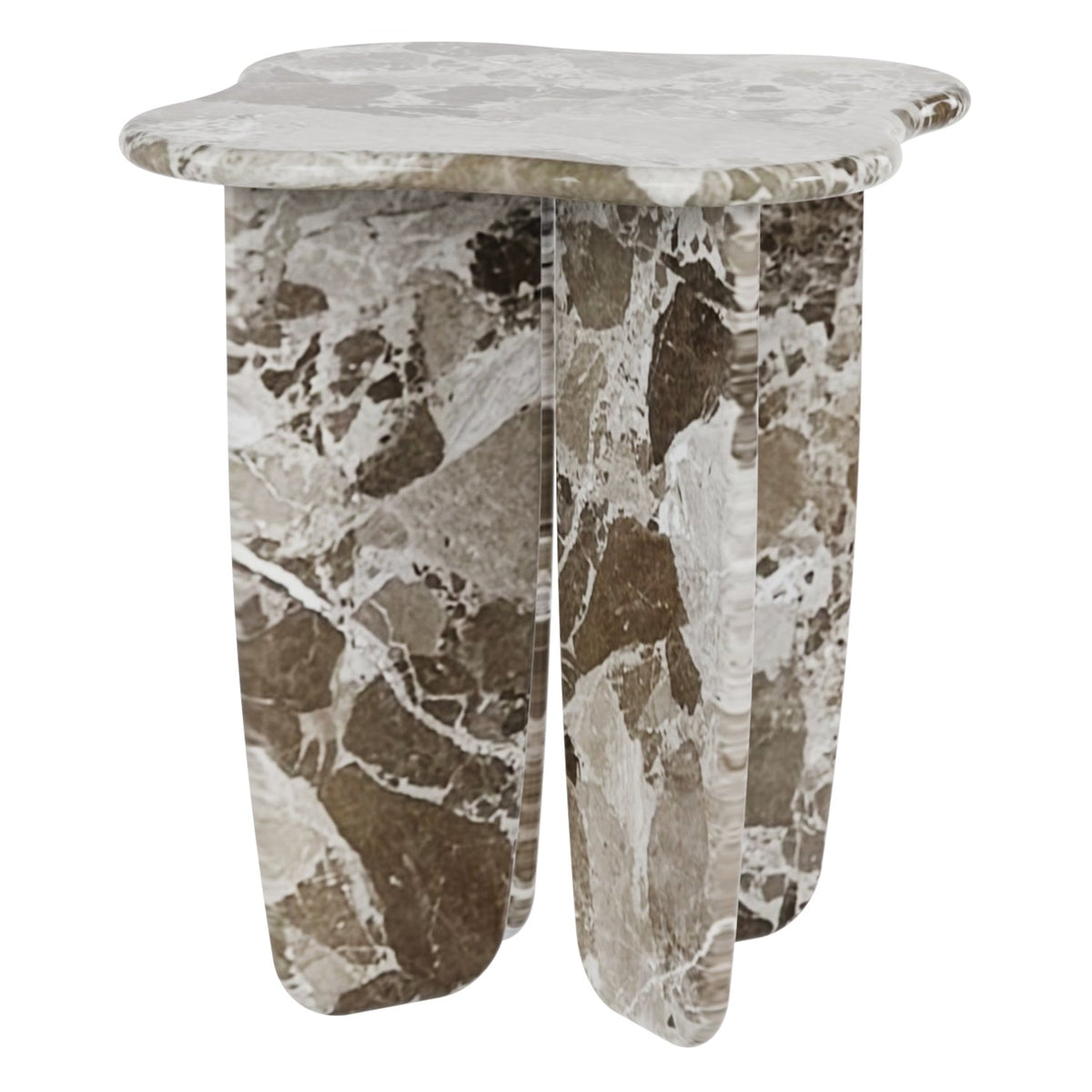 Table d'appoint en marbre massif organique avec bord ondulé et trois pieds incurvés pour salon