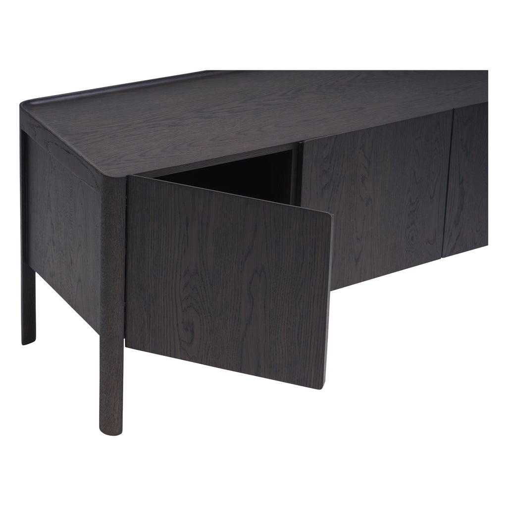 Crédence contemporaine en bois avec étagère supérieure festonnée et menuiserie architecturale pour salon