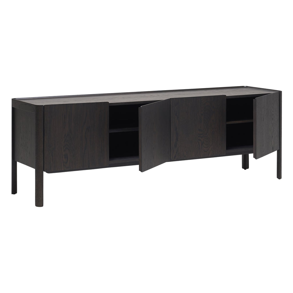 Crédence contemporaine en bois avec étagère supérieure festonnée et menuiserie architecturale pour salon
