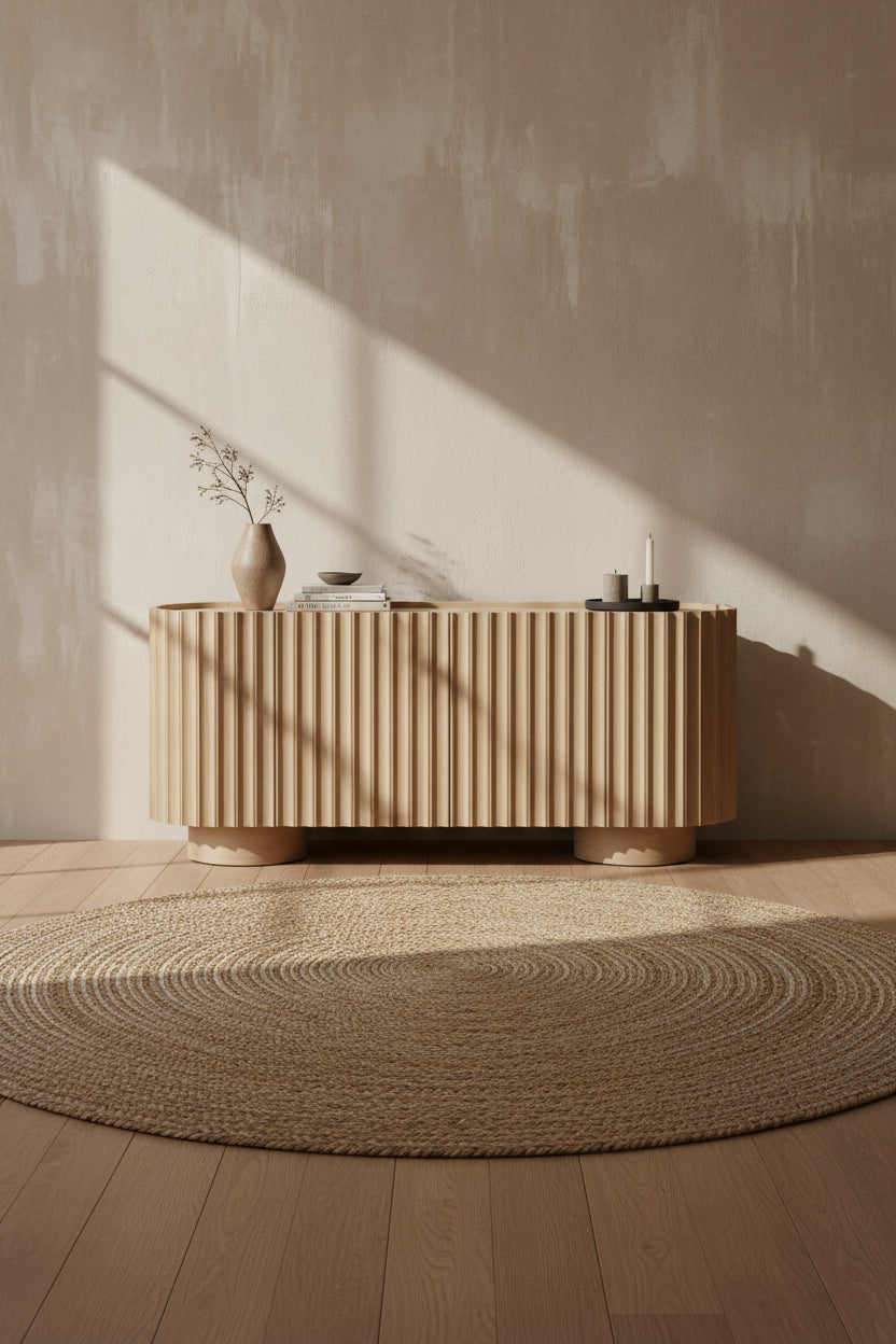 Bahut moderne en bois avec portes sans raccords et pieds réglables pour salon ou salle à manger