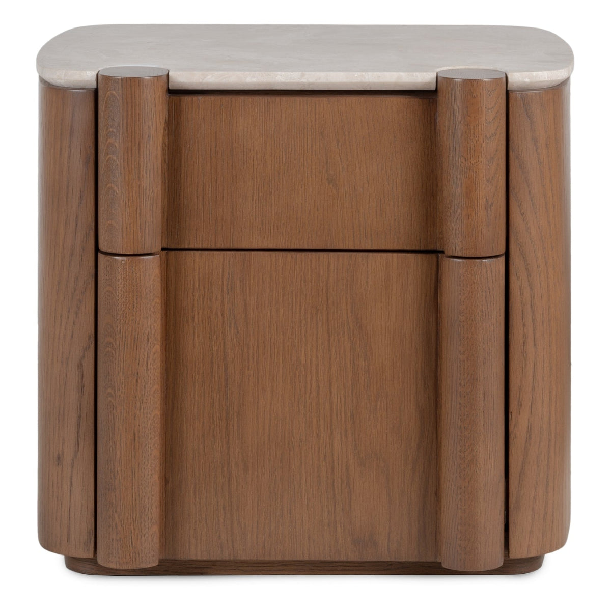 Table de Chevet Sculpturale en Bois et Marbre avec Deux Tiroirs et Silhouette Architecturale pour Chambre à Coucher