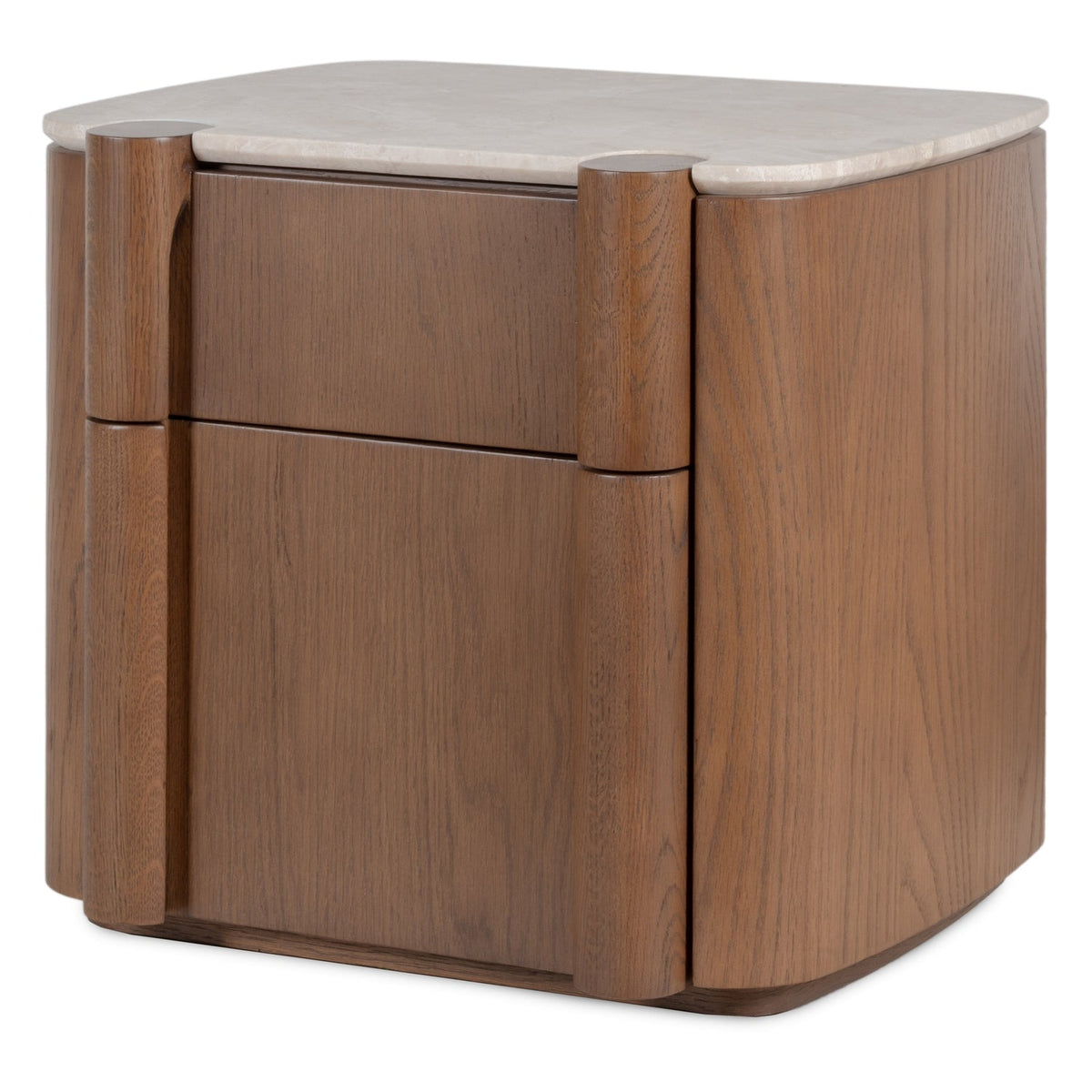 Table de Chevet Sculpturale en Bois et Marbre avec Deux Tiroirs et Silhouette Architecturale pour Chambre à Coucher