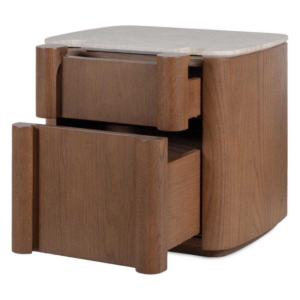 Table de Chevet Sculpturale en Bois et Marbre avec Deux Tiroirs et Silhouette Architecturale pour Chambre à Coucher
