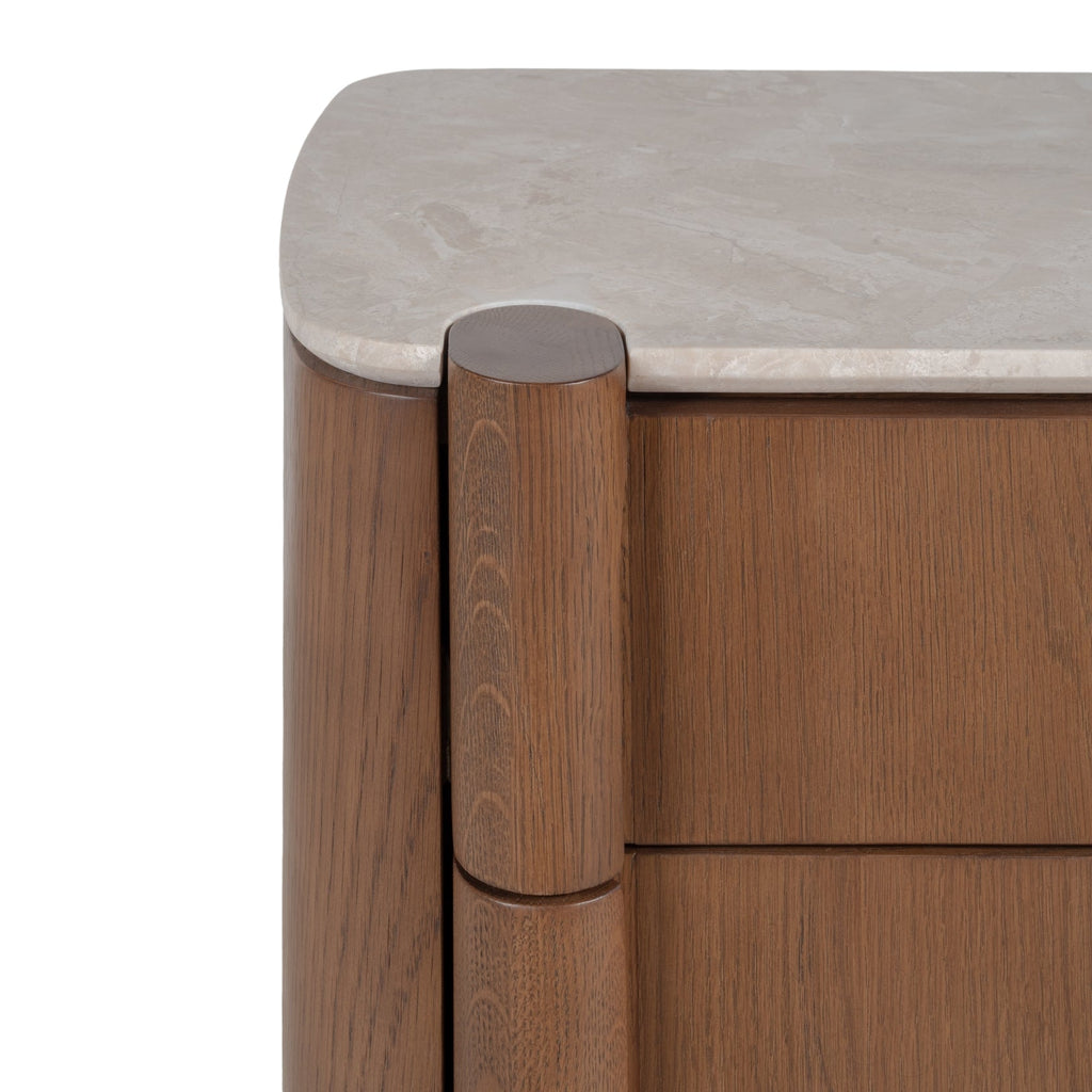 Table de Chevet Sculpturale en Bois et Marbre avec Deux Tiroirs et Silhouette Architecturale pour Chambre à Coucher