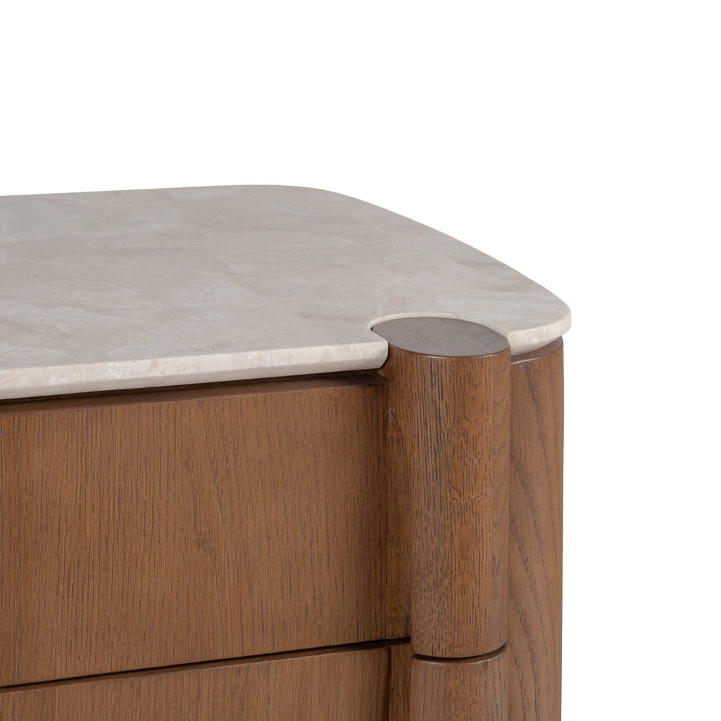 Table de Chevet Sculpturale en Bois et Marbre avec Deux Tiroirs et Silhouette Architecturale pour Chambre à Coucher