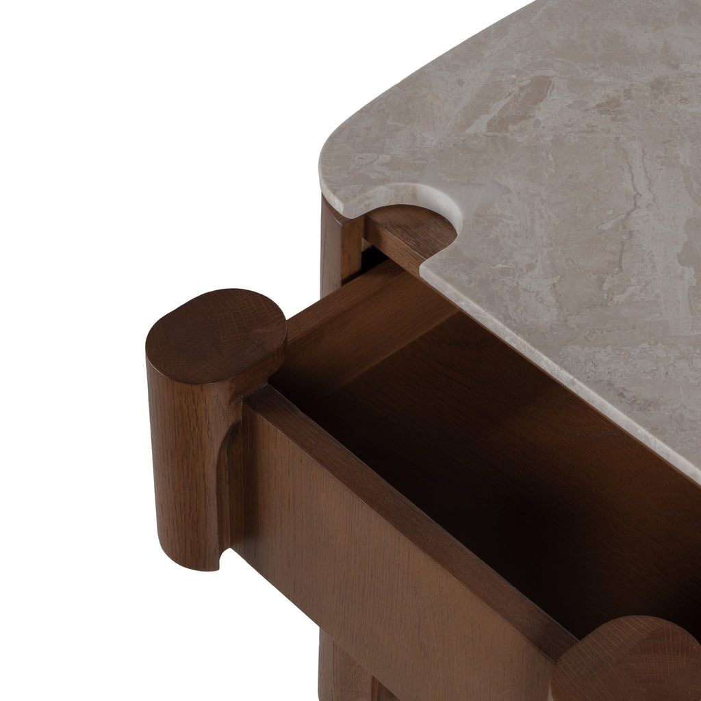 Table de Chevet Sculpturale en Bois et Marbre avec Deux Tiroirs et Silhouette Architecturale pour Chambre à Coucher