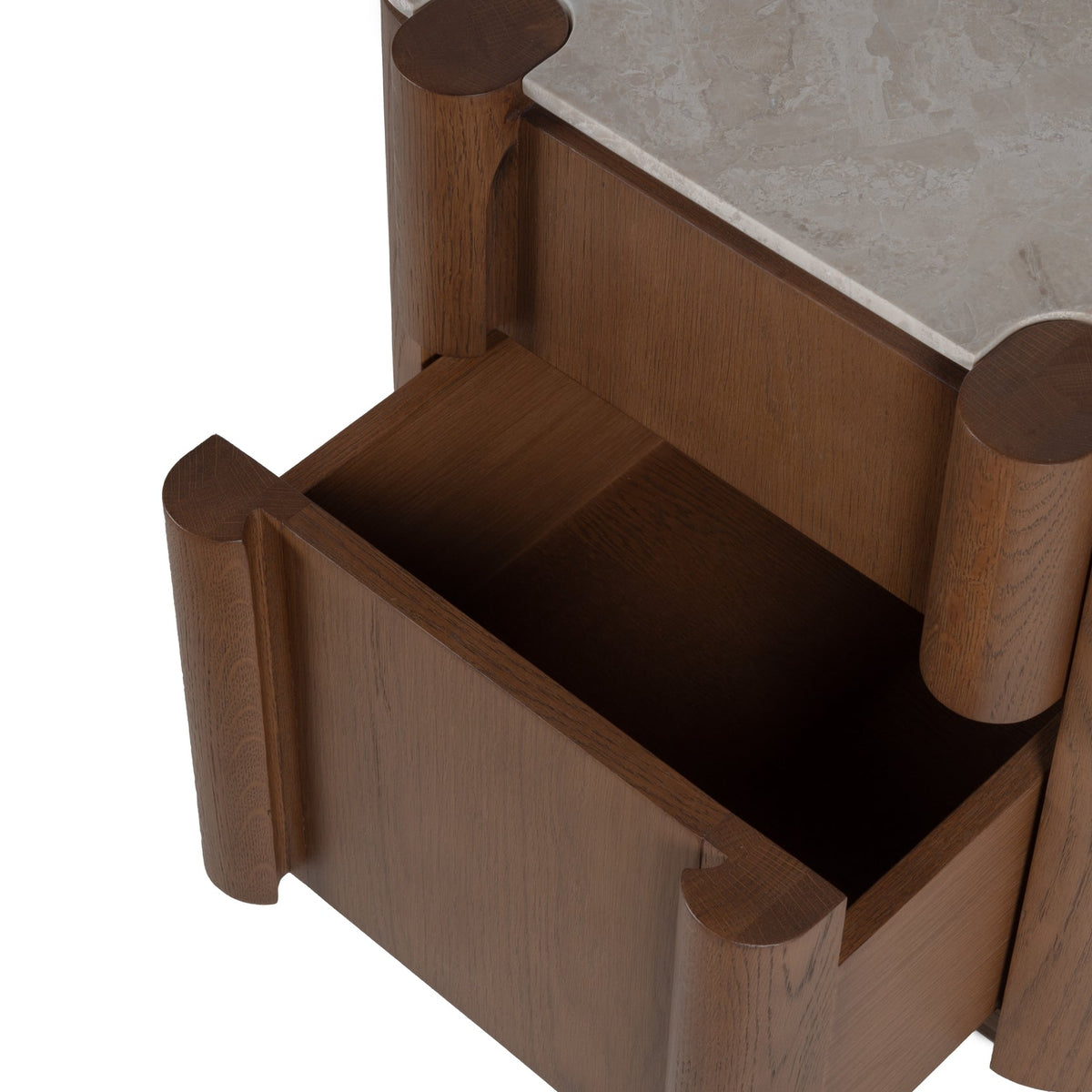 Table de Chevet Sculpturale en Bois et Marbre avec Deux Tiroirs et Silhouette Architecturale pour Chambre à Coucher
