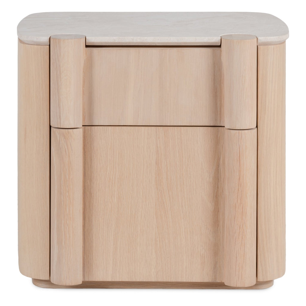 Table de Chevet Sculpturale en Bois et Marbre avec Deux Tiroirs et Silhouette Architecturale pour Chambre à Coucher