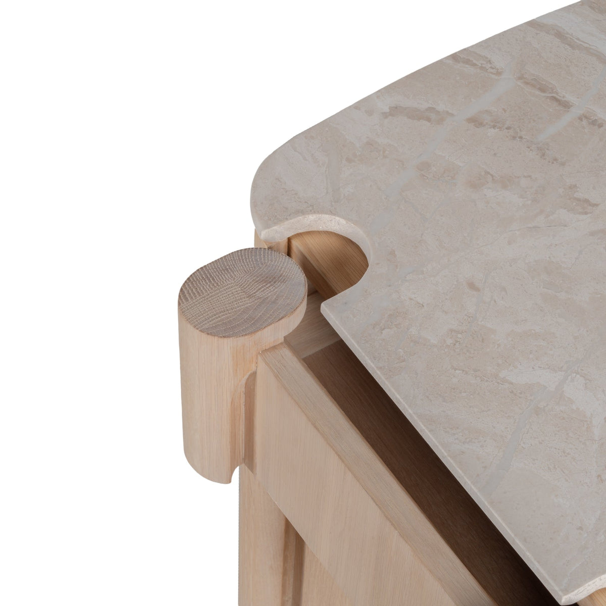 Table de Chevet Sculpturale en Bois et Marbre avec Deux Tiroirs et Silhouette Architecturale pour Chambre à Coucher