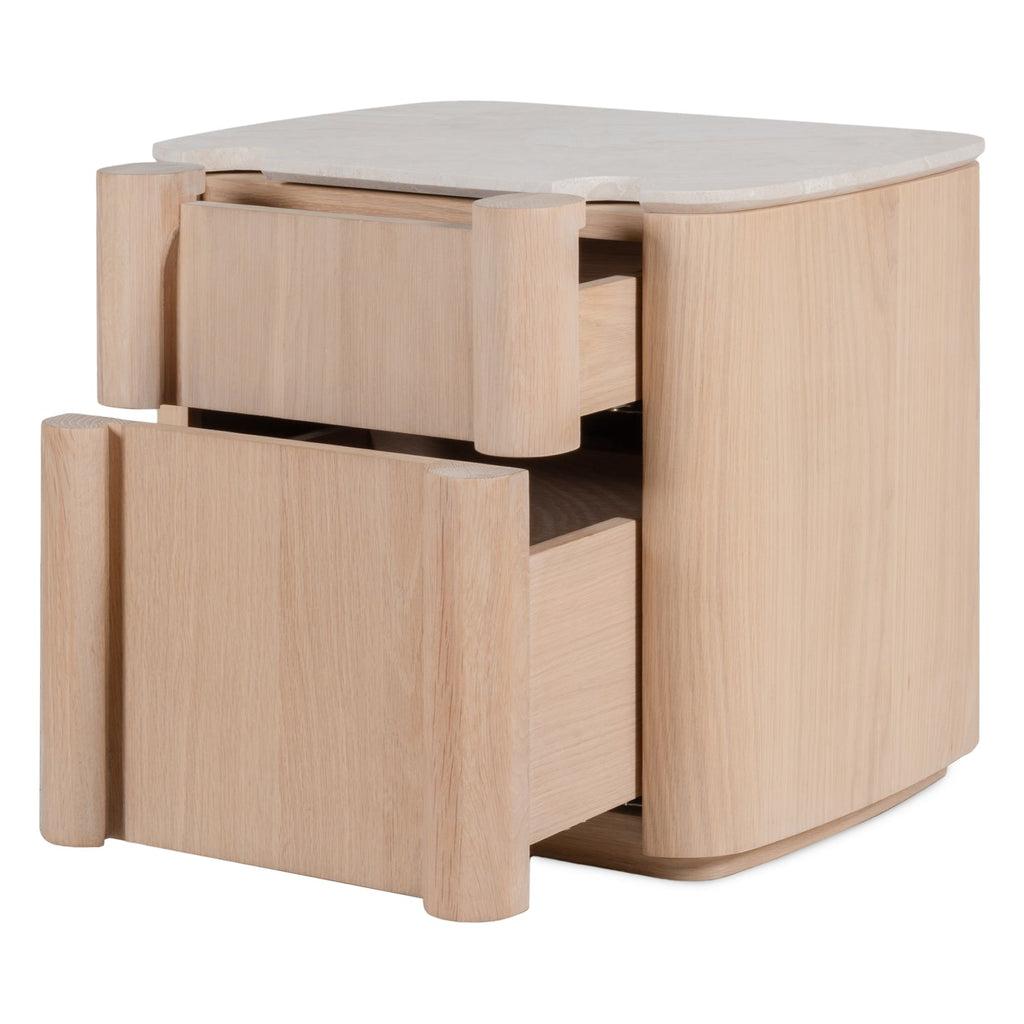 Table de Chevet Sculpturale en Bois et Marbre avec Deux Tiroirs et Silhouette Architecturale pour Chambre à Coucher
