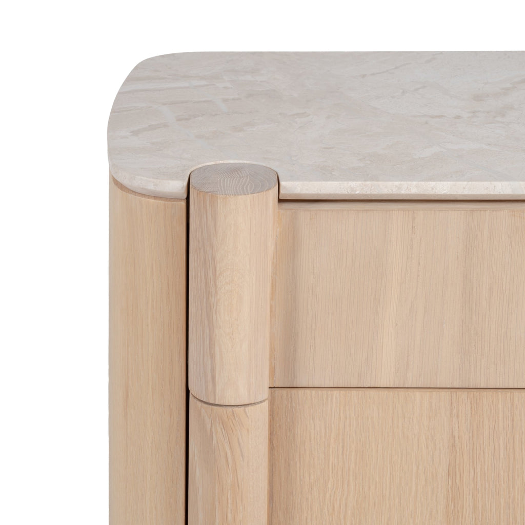 Table de Chevet Sculpturale en Bois et Marbre avec Deux Tiroirs et Silhouette Architecturale pour Chambre à Coucher