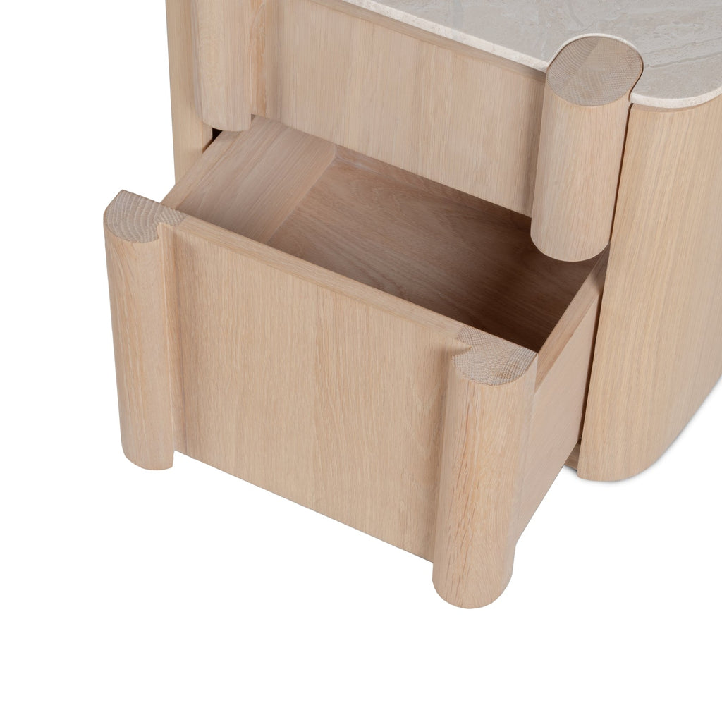 Table de Chevet Sculpturale en Bois et Marbre avec Deux Tiroirs et Silhouette Architecturale pour Chambre à Coucher