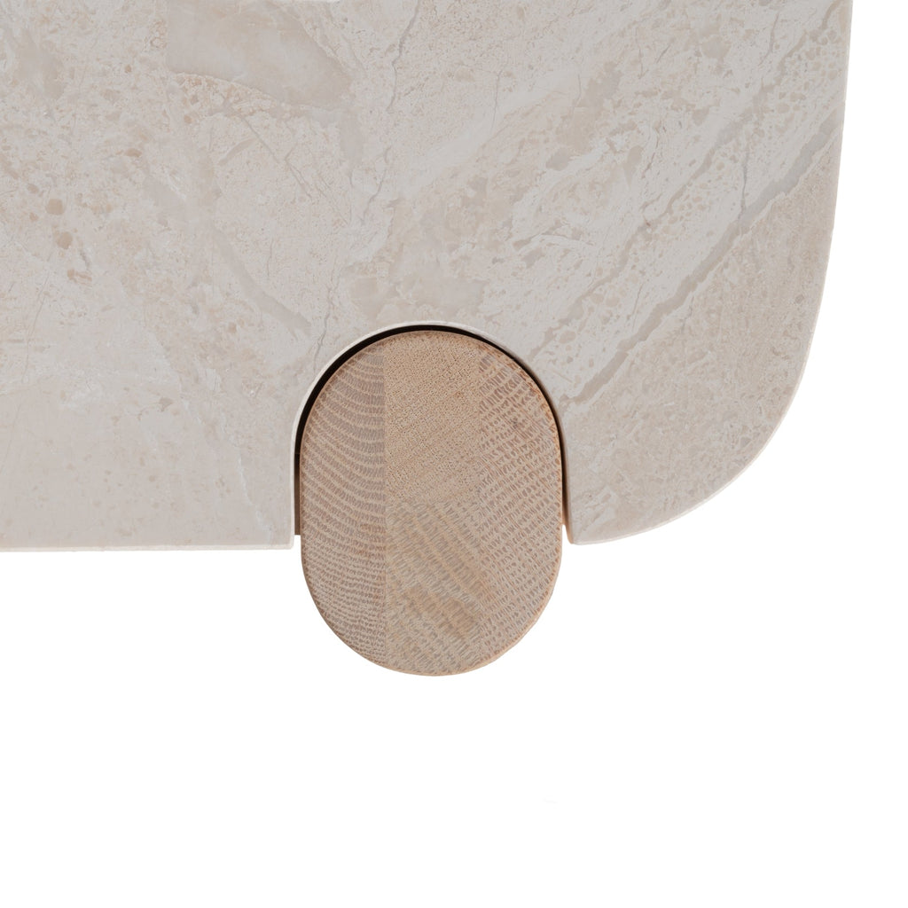 Table de Chevet Sculpturale en Bois et Marbre avec Deux Tiroirs et Silhouette Architecturale pour Chambre à Coucher