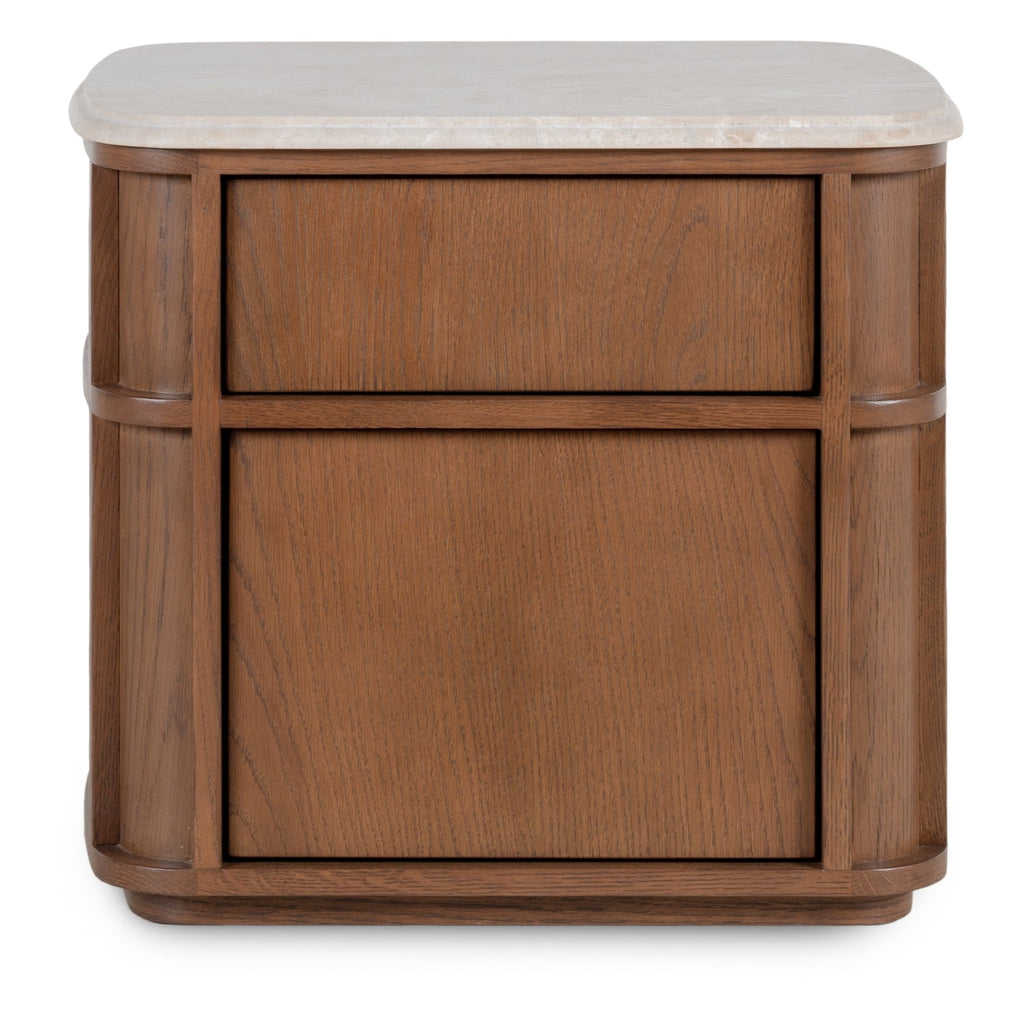 Table de chevet contemporaine en bois et marbre avec deux tiroirs et profil arrondi pour chambre à coucher