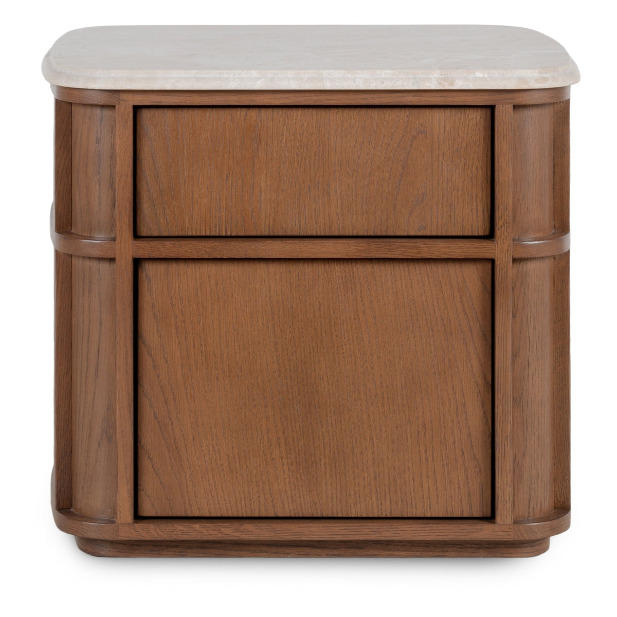 Table de chevet contemporaine en bois et marbre avec deux tiroirs et profil arrondi pour chambre à coucher