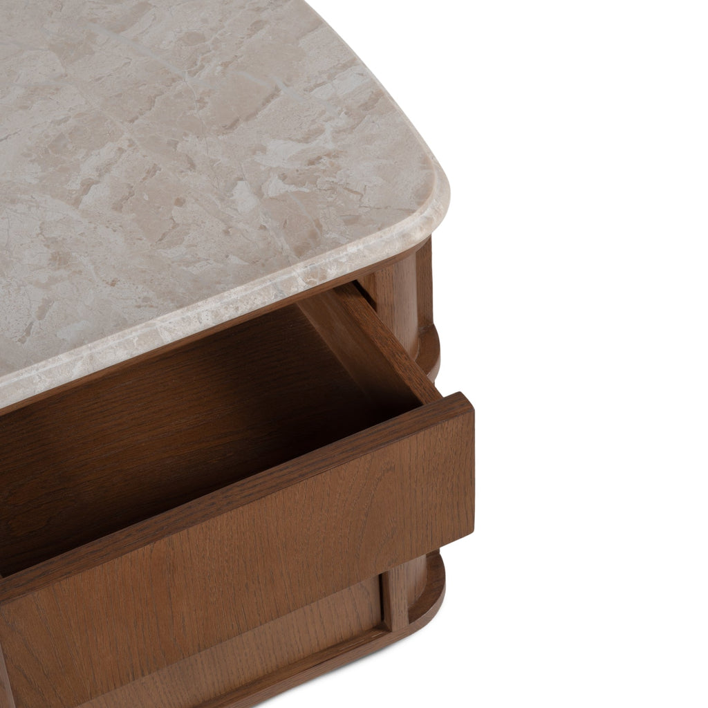 Table de chevet contemporaine en bois et marbre avec deux tiroirs et profil arrondi pour chambre à coucher