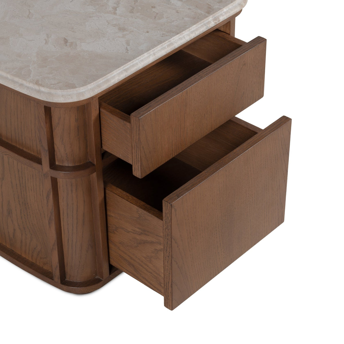 Table de chevet contemporaine en bois et marbre avec deux tiroirs et profil arrondi pour chambre à coucher