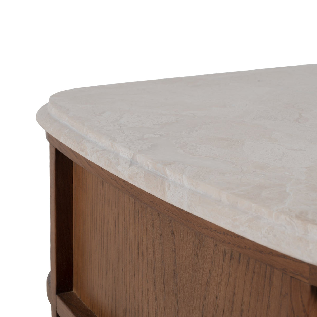Table de chevet contemporaine en bois et marbre avec deux tiroirs et profil arrondi pour chambre à coucher