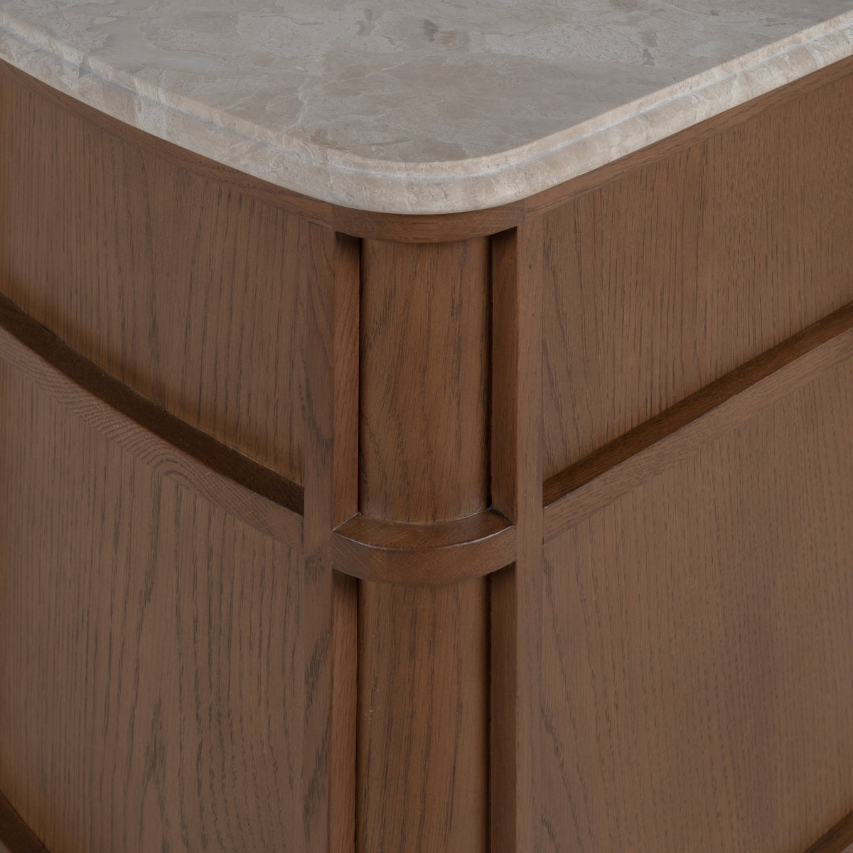 Table de chevet contemporaine en bois et marbre avec deux tiroirs et profil arrondi pour chambre à coucher