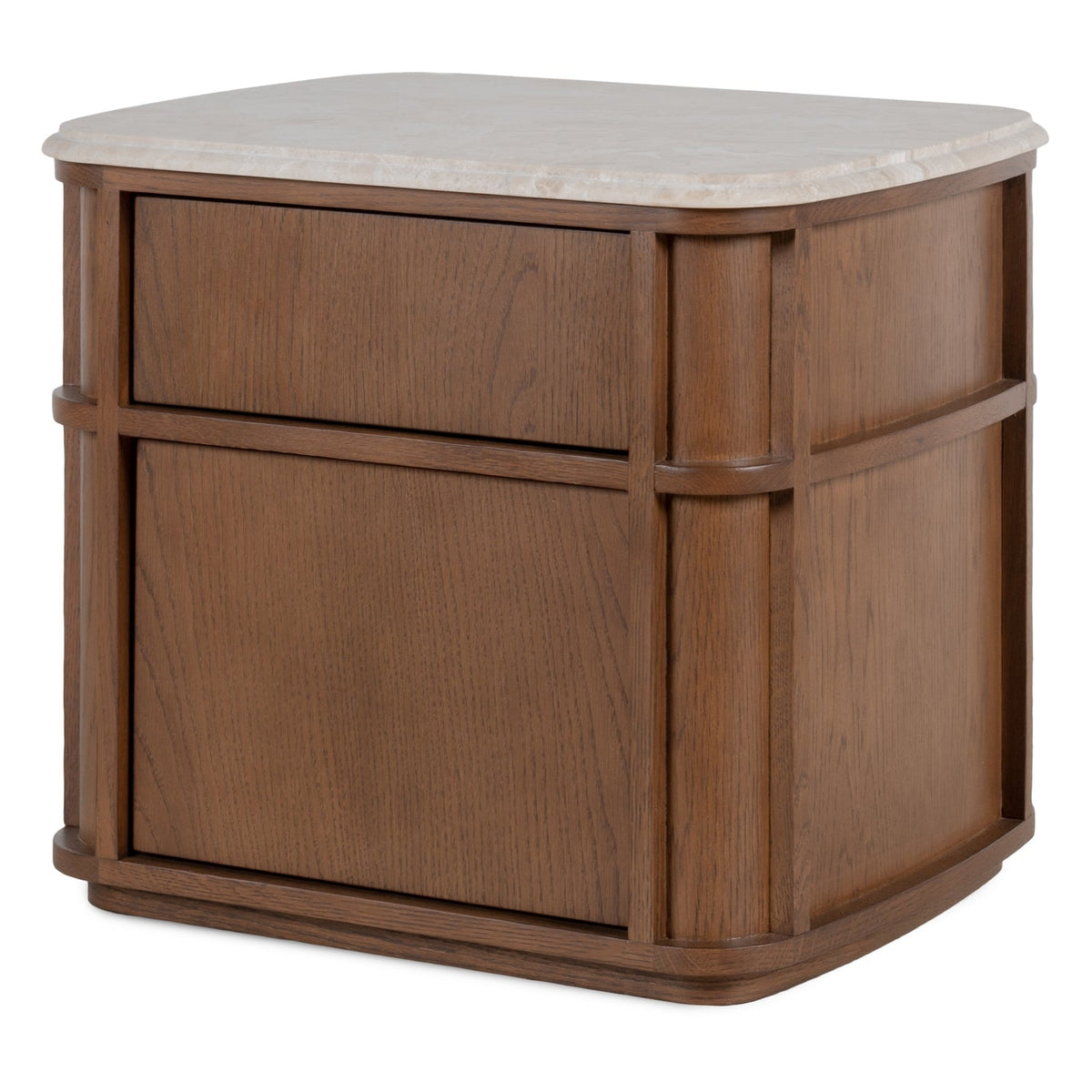 Table de chevet contemporaine en bois et marbre avec deux tiroirs et profil arrondi pour chambre à coucher