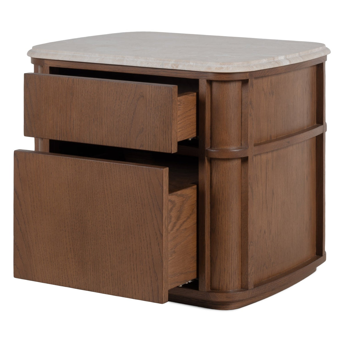 Table de chevet contemporaine en bois et marbre avec deux tiroirs et profil arrondi pour chambre à coucher