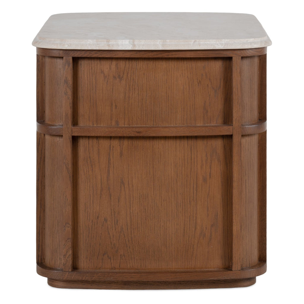 Table de chevet contemporaine en bois et marbre avec deux tiroirs et profil arrondi pour chambre à coucher
