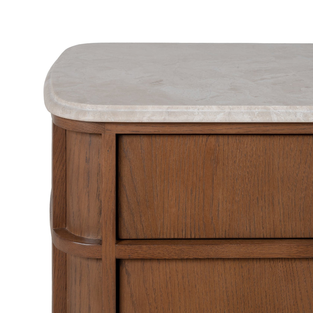 Table de chevet contemporaine en bois et marbre avec deux tiroirs et profil arrondi pour chambre à coucher