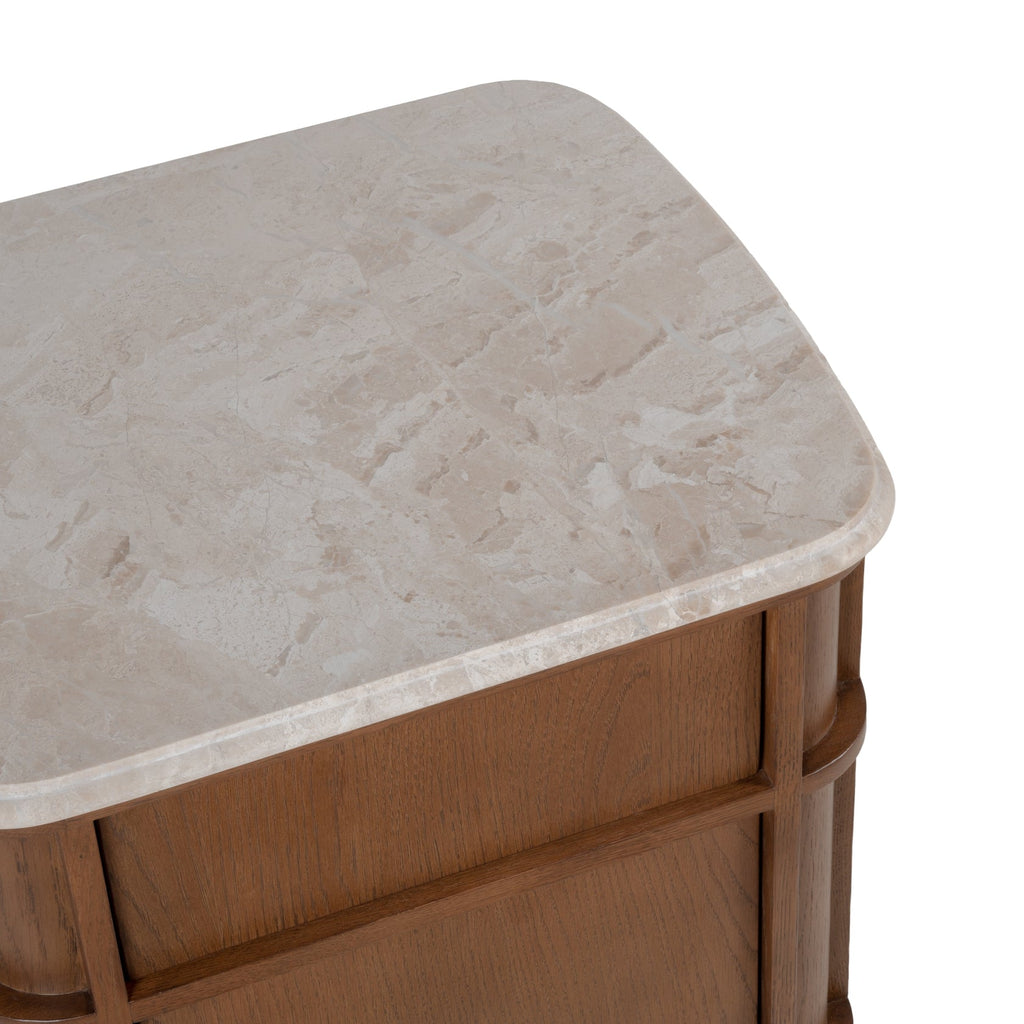 Table de chevet contemporaine en bois et marbre avec deux tiroirs et profil arrondi pour chambre à coucher