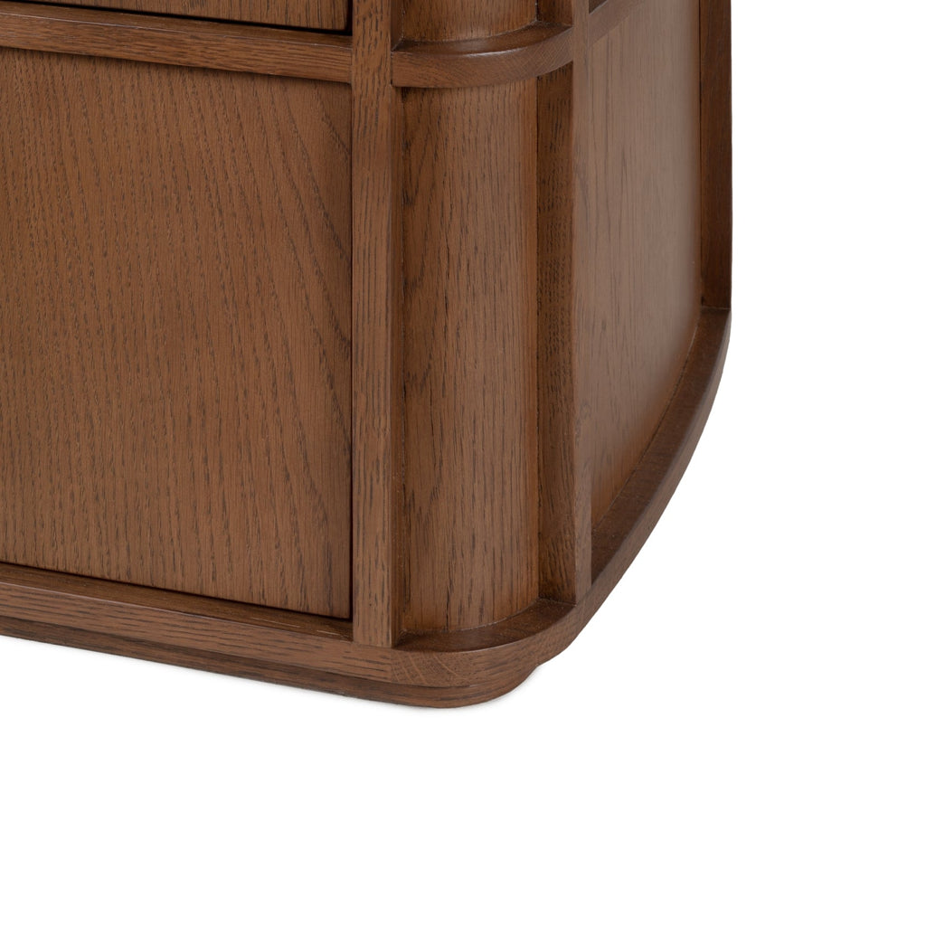 Table de chevet contemporaine en bois et marbre avec deux tiroirs et profil arrondi pour chambre à coucher
