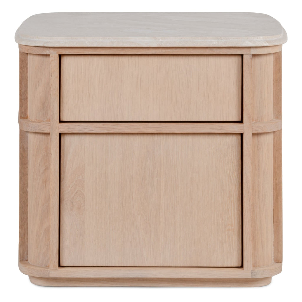Table de chevet contemporaine en bois et marbre avec deux tiroirs et profil arrondi pour chambre à coucher