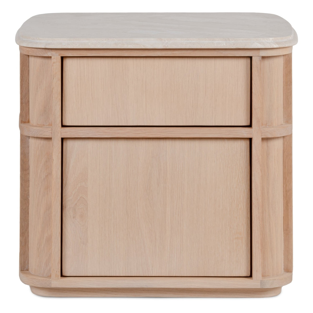 Table de chevet contemporaine en bois et marbre avec deux tiroirs et profil arrondi pour chambre à coucher
